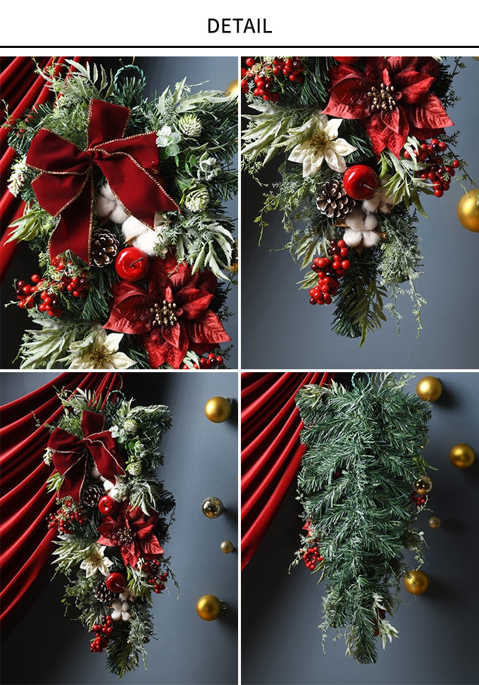 クリスマス雑貨 北欧 豪華なポインセチアスワッグ 高さ62cm  リース 飾り 壁掛け 装飾 造花 フェイクグリーン 豪華 上品 おしゃれ 玄関 ドア ナチュラル インテリア ディスプレイ  