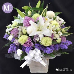 お供え生花アレンジメント Mサイズ 「白＋青・紫系」【名札つき】花由