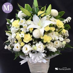 お供え生花アレンジメント Mサイズ 「白＋イエロー系」【名札つき】花由
