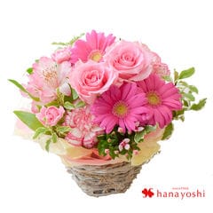 バラと季節のおまかせ生花アレンジメント Sサイズ 「ピンク」【Especially for Youメッセージカード・袋付】花由