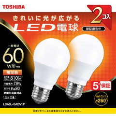 東芝 TOSHIBA ＬＥＤ電球 ［Ｅ２６／電球色／２個／６０Ｗ相当／一般電球形］ LDA8L-G/60V1P